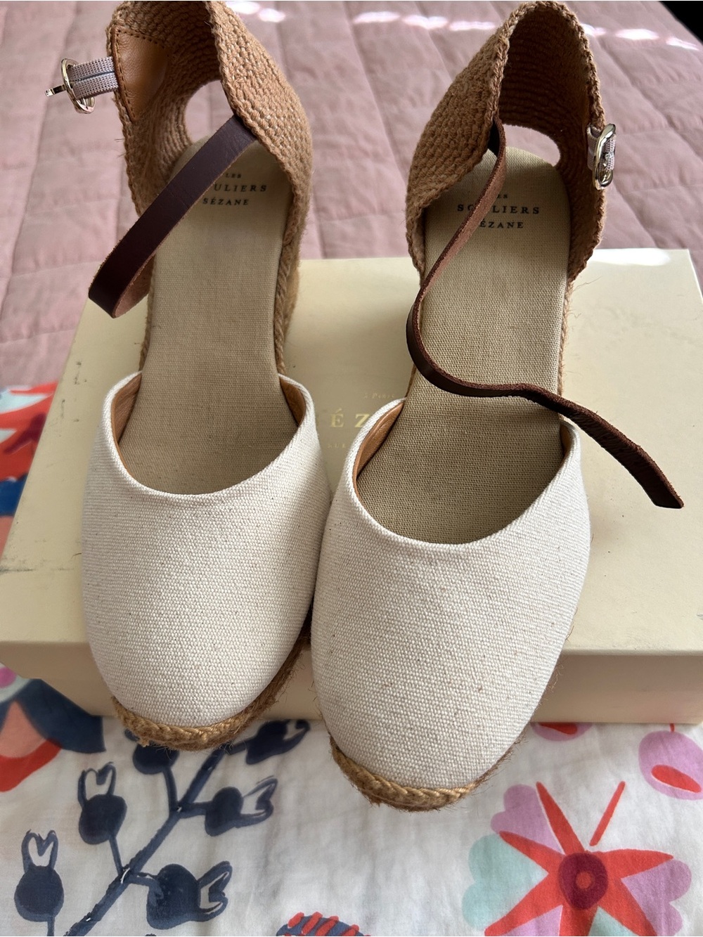 Sezane Canvas Espadrille Wedge Sandals - Cream and Tan - Picture 5 of 13